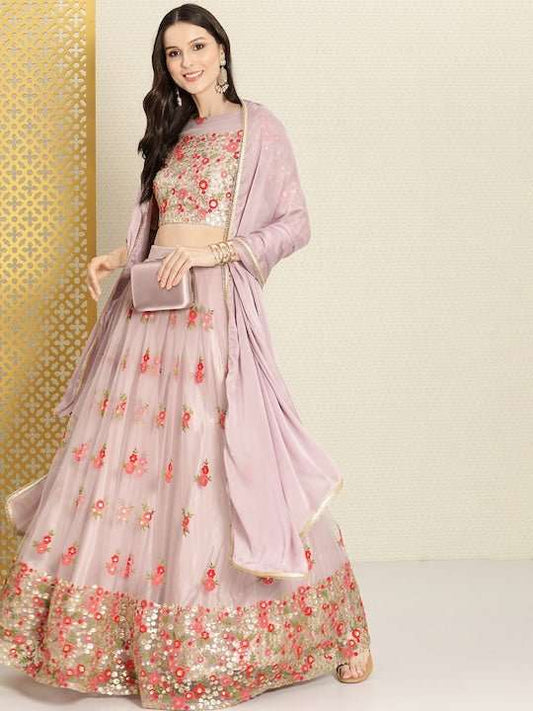 Lavender Sequinned Semi-Stitched Lehenga & Unstitched Blouse With Dupatta - Inddus.com