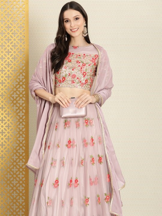 Lavender Sequinned Semi-Stitched Lehenga & Unstitched Blouse With Dupatta - Inddus.com