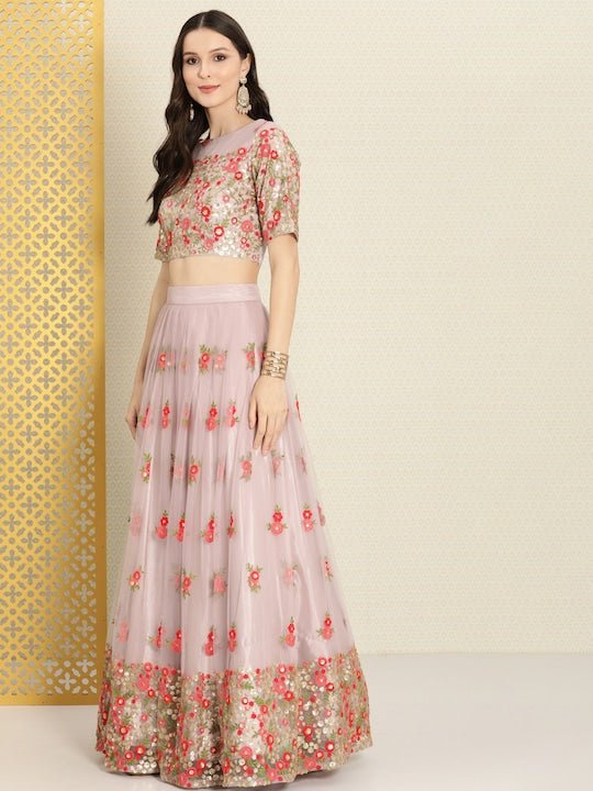Lavender Sequinned Semi-Stitched Lehenga & Unstitched Blouse With Dupatta - Inddus.com