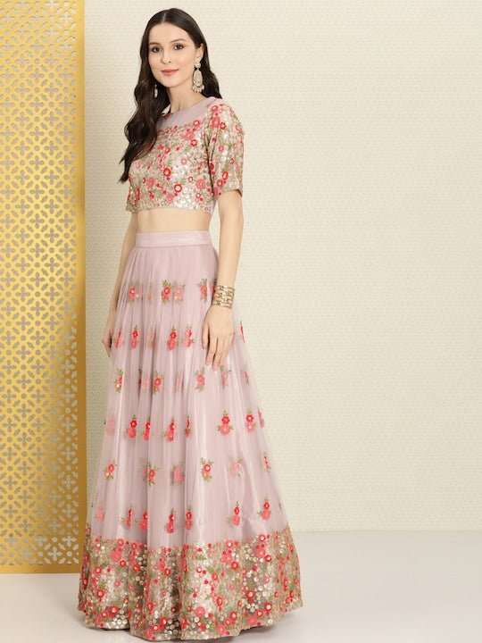 Lavender Sequinned Semi-Stitched Lehenga & Unstitched Blouse With Dupatta - Inddus.com