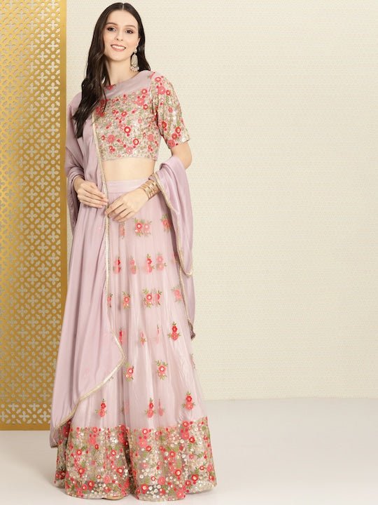 Lavender Sequinned Semi-Stitched Lehenga & Unstitched Blouse With Dupatta - Inddus.com