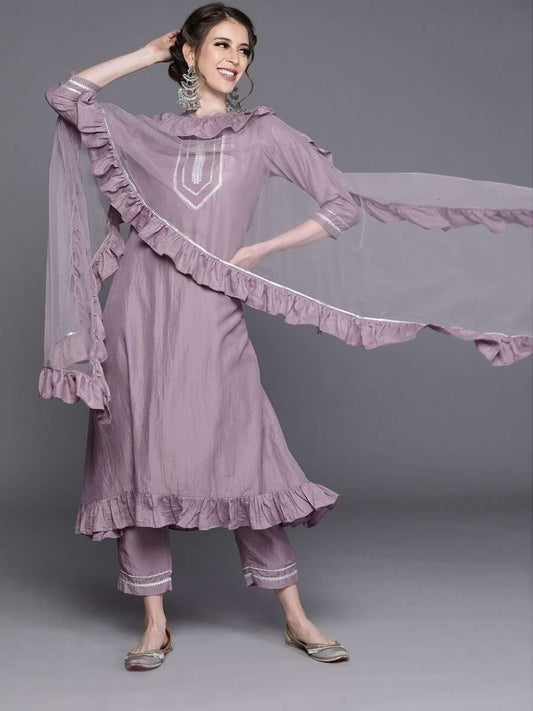 Lavender Silk Blend Solid Partywear Kurta Set - Inddus.com