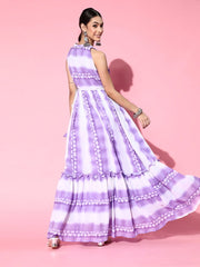 Lavender Tye and Dye Gathered Party Gown - Inddus.com