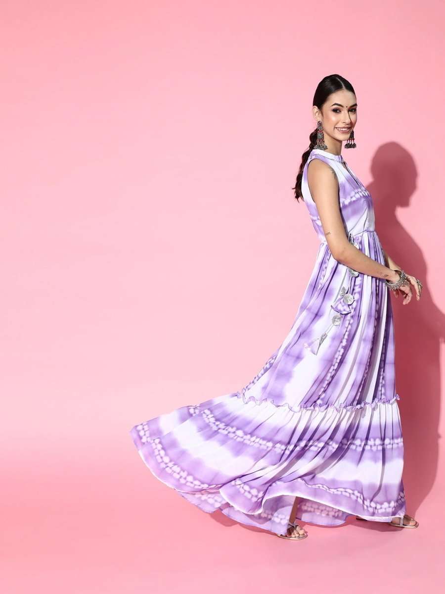 Lavender Tye and Dye Gathered Party Gown - Inddus.com