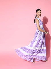 Lavender Tye and Dye Gathered Party Gown - Inddus.com
