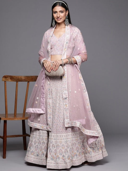 Lavender & White Embroidered Sequinned Semi-Stitched Lehenga & Unstitched Blouse With Dupatta Net - Inddus.com