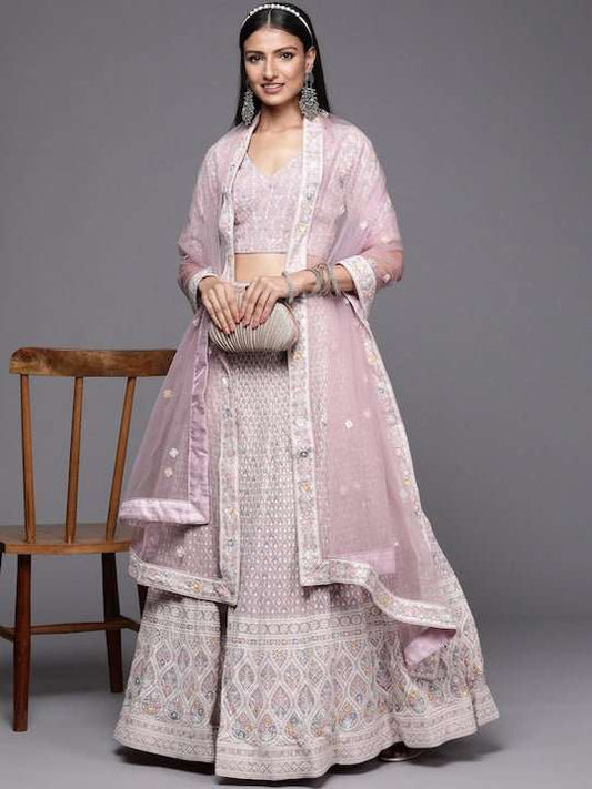 Lavender & White Embroidered Sequinned Semi-Stitched Lehenga & Unstitched Blouse With Dupatta Net - Inddus.com