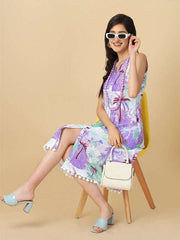 Lavender & White V-Neck Tropical Printed A-Line Dress - Inddus.com