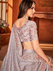 Lavender Women Embellished Sequinned Embroidered Satin Saree - Inddus.com
