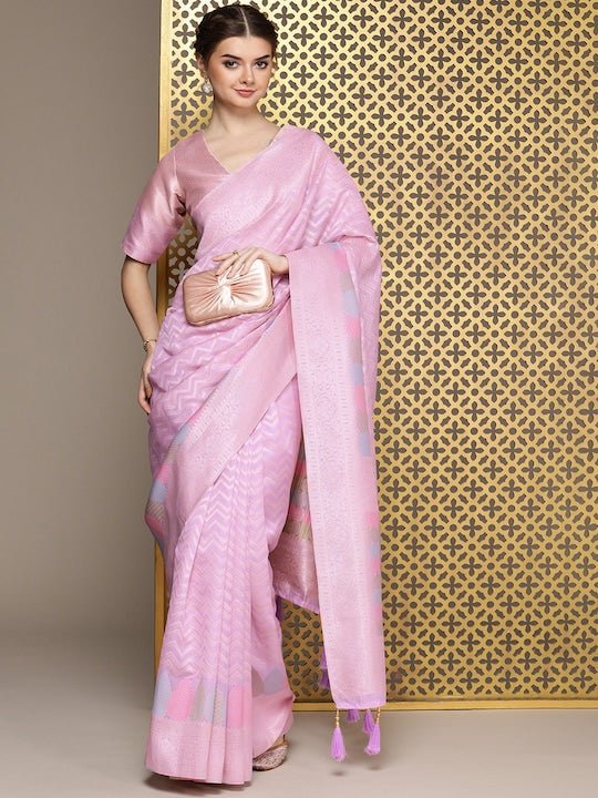 Lavender Woven Design Zari Organza Saree - Inddus.com