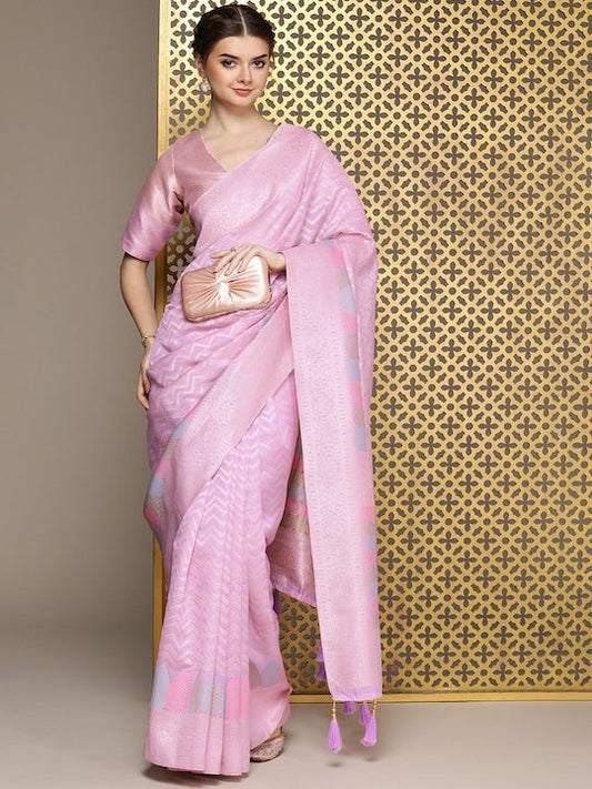 Lavender Woven Design Zari Organza Saree - Inddus.com