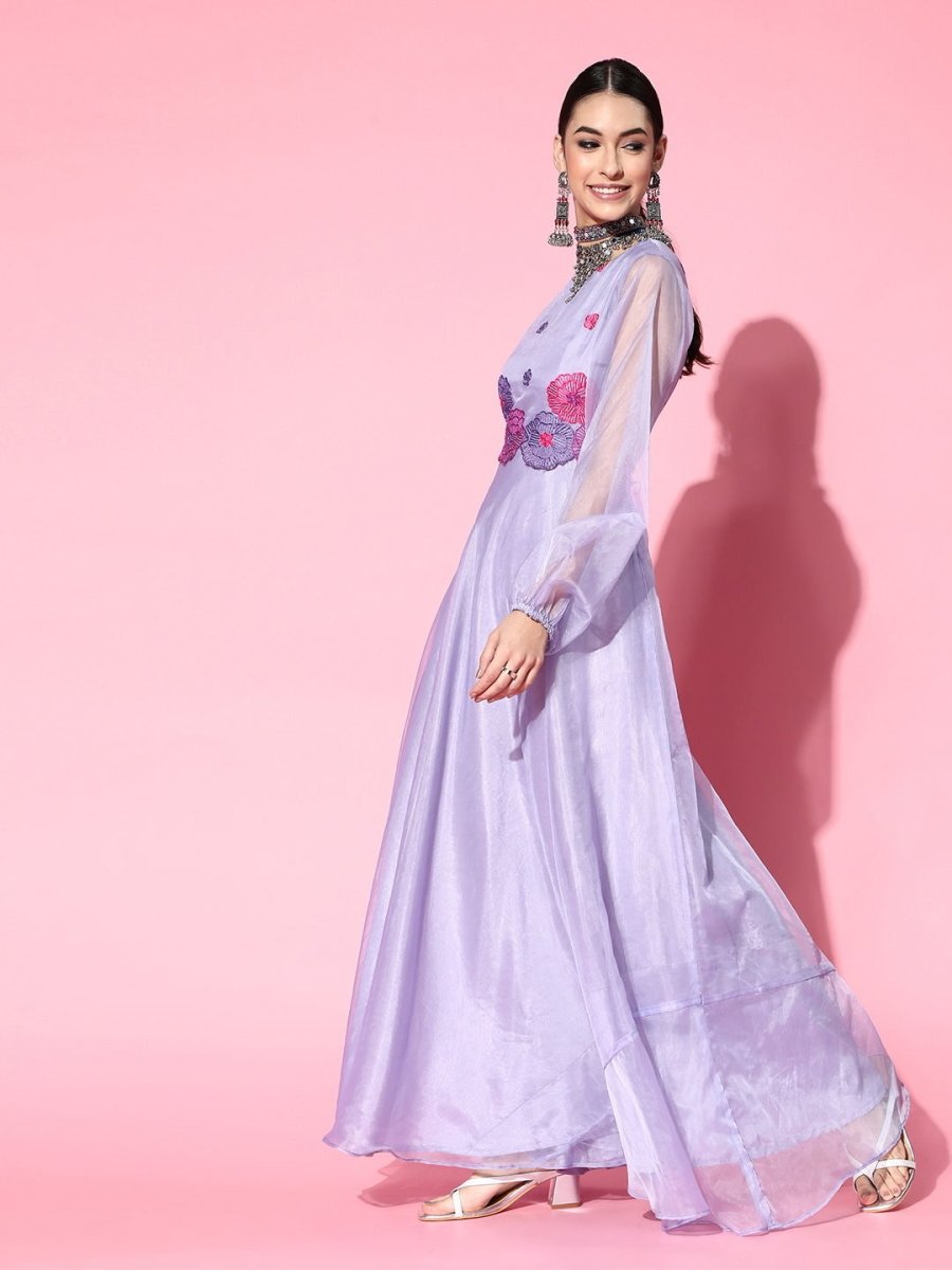 Lavender Yoke Embroidered Party Gown - Inddus.com