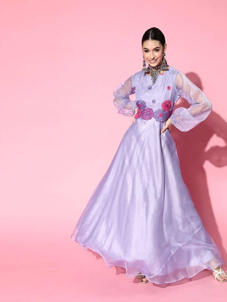 Lavender Yoke Embroidered Party Gown - Inddus.com