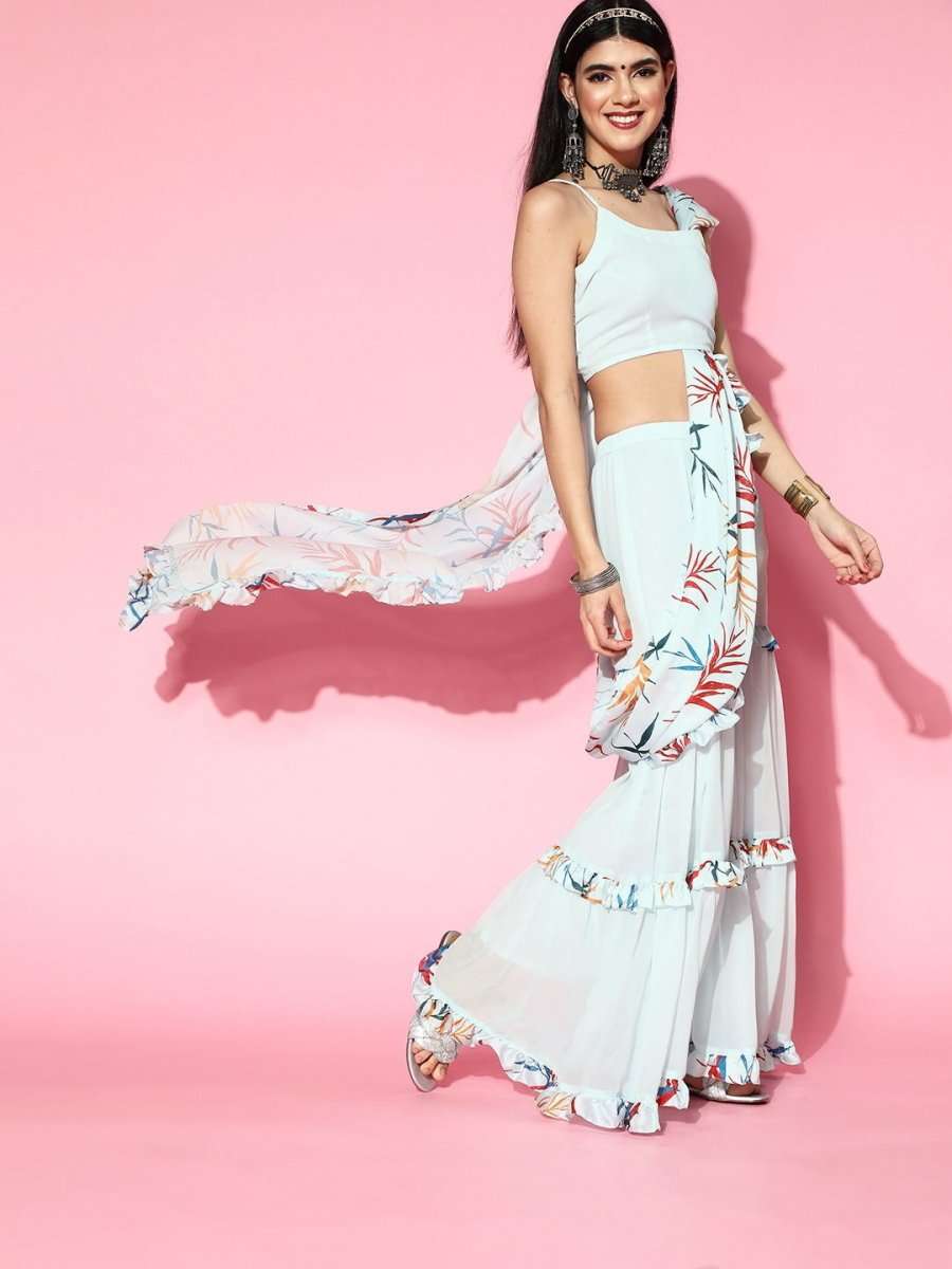 Light Blue Sharara Printed Saree with Blouse Piece - Inddus.com