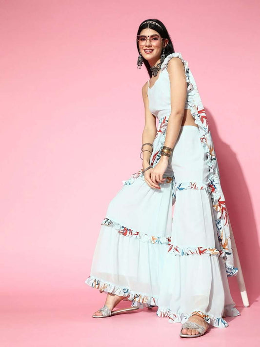 Light Blue Sharara Printed Saree with Blouse Piece - Inddus.com