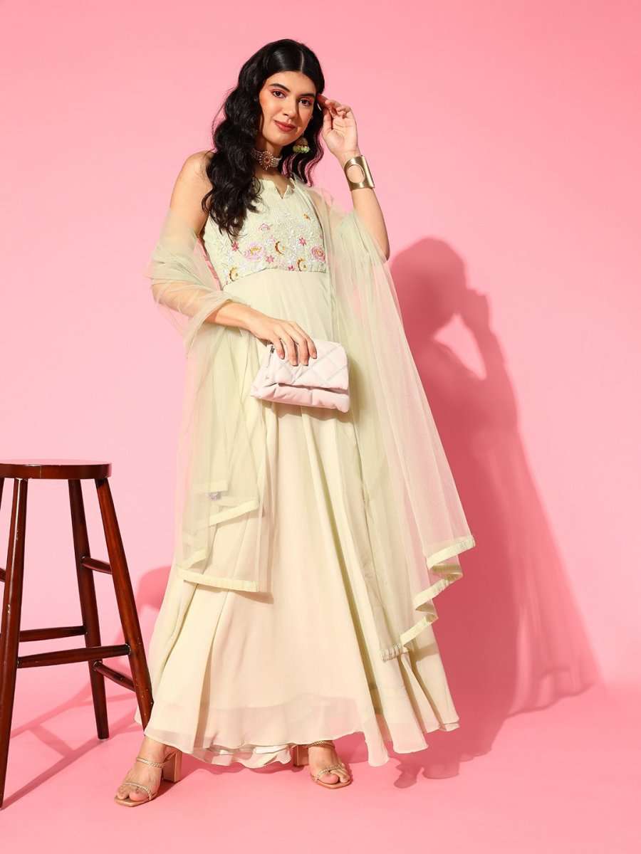 Light Green Embroidered Sequins Ethnic Motifs Kurta with Net Dupatta - Inddus.com