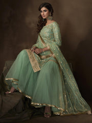 Light Green Net Embroidered Partywear Sharara Suit - inddus-us