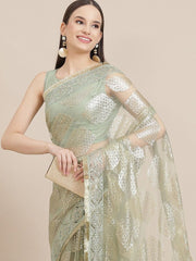 Light Green Sequinned Embroidered Net Saree - Inddus.com