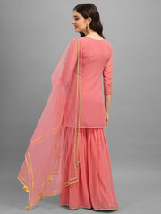 Light Pink Embroidered Kurta with Sharara and Net Dupatta - Inddus.com