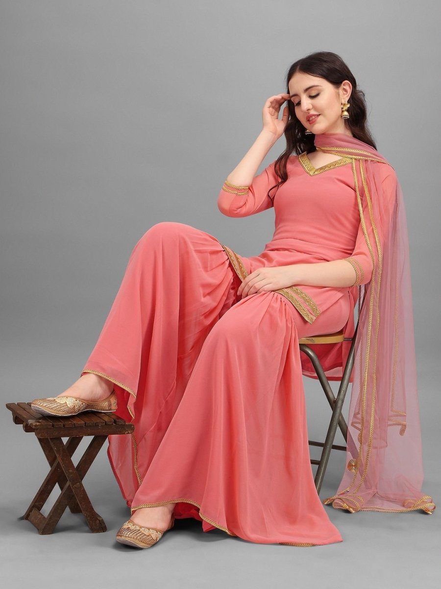 Light Pink Embroidered Kurta with Sharara and Net Dupatta - Inddus.com