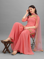 Light Pink Embroidered Kurta with Sharara and Net Dupatta - Inddus.com