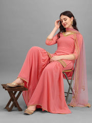 Light Pink Embroidered Kurta with Sharara and Net Dupatta - Inddus.com