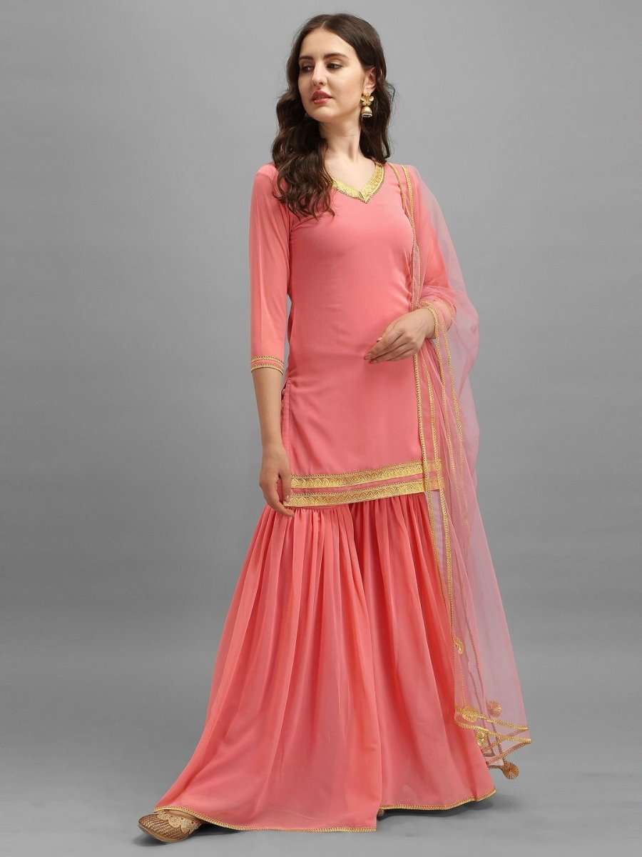 Light Pink Embroidered Kurta with Sharara and Net Dupatta - Inddus.com