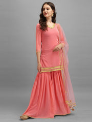 Light Pink Embroidered Kurta with Sharara and Net Dupatta - Inddus.com