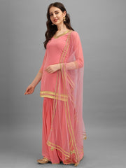 Light Pink Embroidered Kurta with Sharara and Net Dupatta - Inddus.com