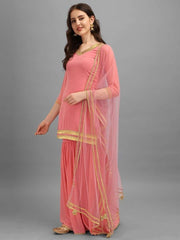 Light Pink Embroidered Kurta with Sharara and Net Dupatta - Inddus.com
