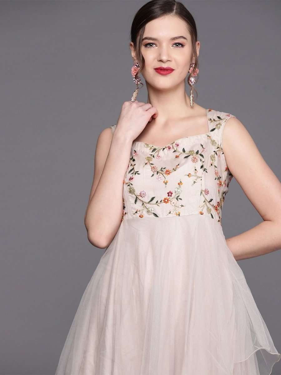 Light Pink Net Ethnic Motifs Yoke Embroidered Maxi Dress - Inddus.com