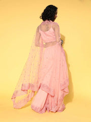 Light Pink Net Solid Top & Palazzo with Sequinned Embroidered Jacket - Inddus.com