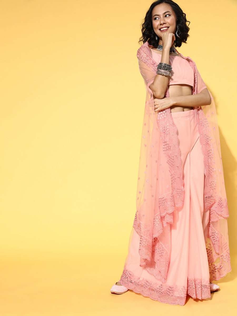 Light Pink Net Solid Top & Palazzo with Sequinned Embroidered Jacket - Inddus.com