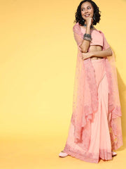 Light Pink Net Solid Top & Palazzo with Sequinned Embroidered Jacket - Inddus.com