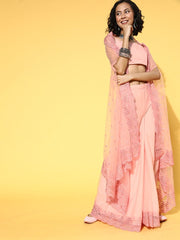 Light Pink Net Solid Top & Palazzo with Sequinned Embroidered Jacket - Inddus.com