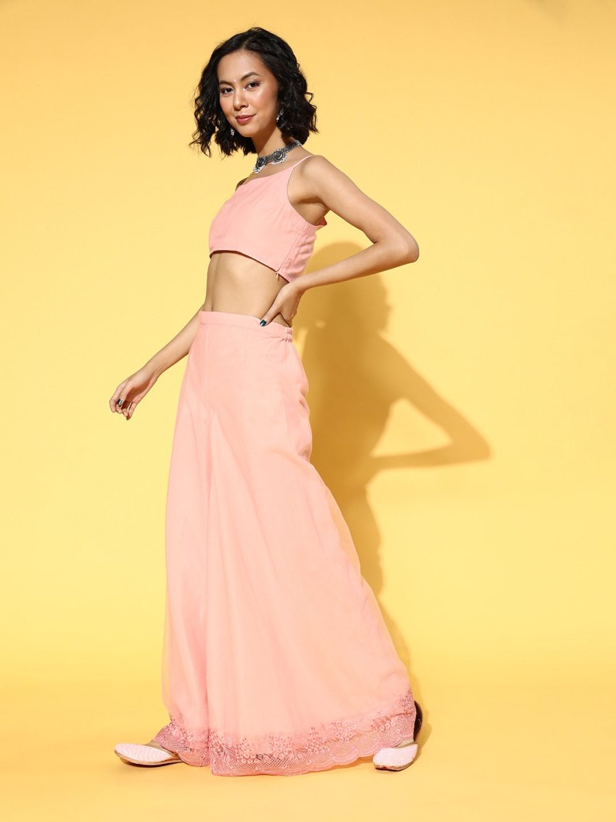 Light Pink Net Solid Top & Palazzo with Sequinned Embroidered Jacket - Inddus.com