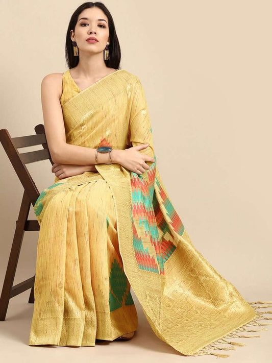 Light Yellow and Gold Woven Saree - Inddus.com