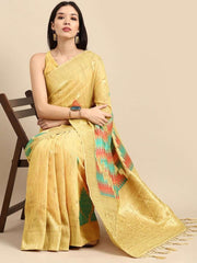 Light Yellow and Gold Woven Saree - Inddus.com