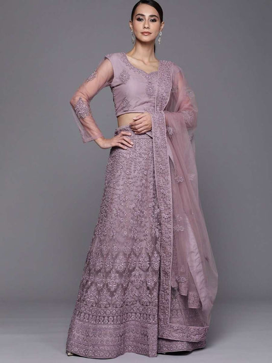 Lilac Embroidered Semistitched Lehenga with Blouse and Net Embroidered Dupatta - inddus-us