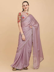 Lilac Embroidered Silk Blend Saree - Inddus.com