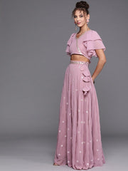 Lilac Floral Embroidered Skirt with Sequinned Top - inddus-us