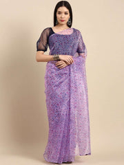 Lilac Floral Print Organza Saree - Inddus.com