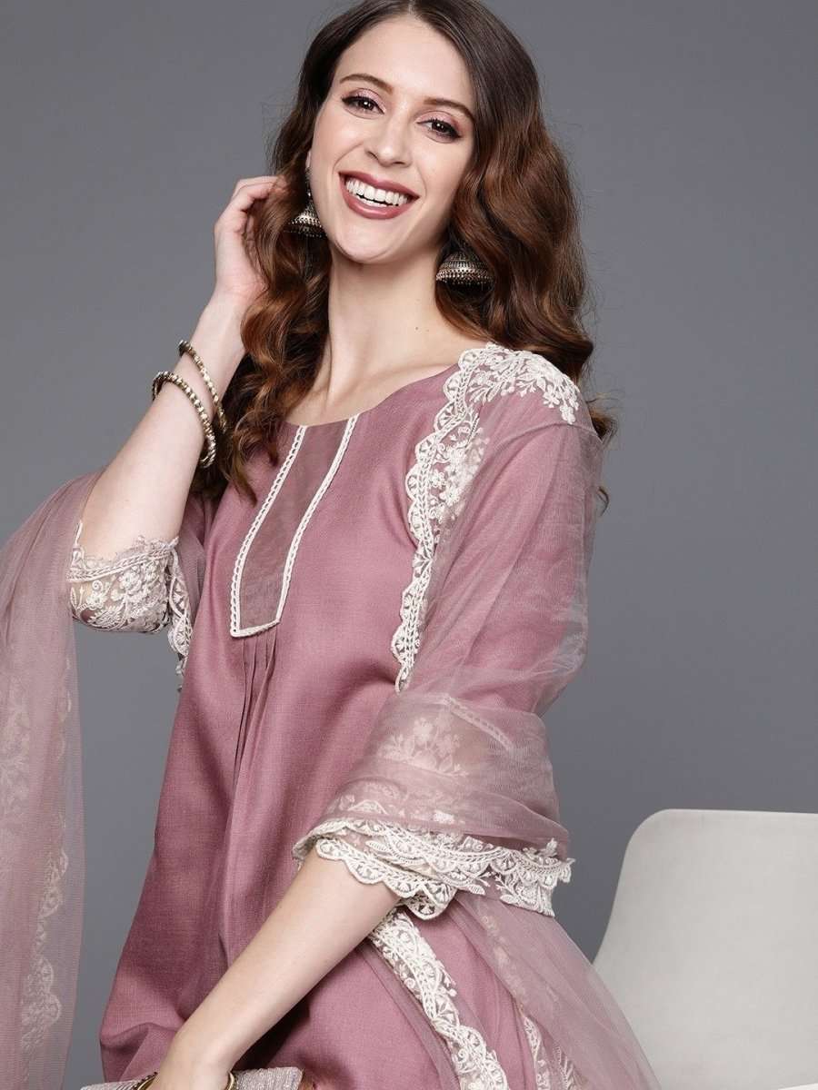Lilac Kurta with Embroidered Pants and Net Embroidered Dupatta - Inddus.com