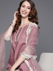 Lilac Kurta with Embroidered Pants and Net Embroidered Dupatta - Inddus.com