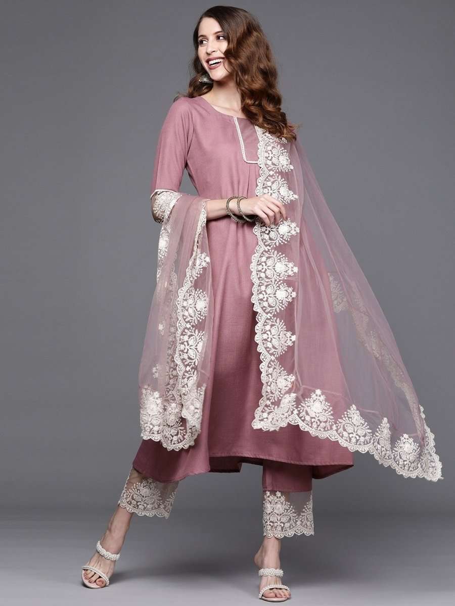 Lilac Kurta with Embroidered Pants and Net Embroidered Dupatta - Inddus.com