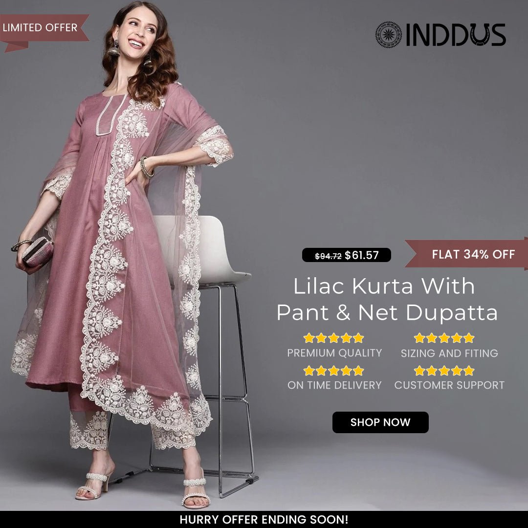 Lilac Kurta with Embroidered Pants and Net Embroidered Dupatta - Inddus.com
