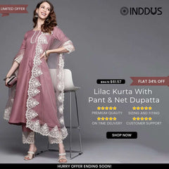 Lilac Kurta with Embroidered Pants and Net Embroidered Dupatta - Inddus.com