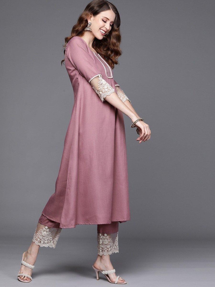 Lilac Kurta with Embroidered Pants and Net Embroidered Dupatta - Inddus.com