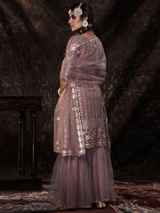 Lilac Net Embroidered Sharara-Style-Suit - Inddus.com