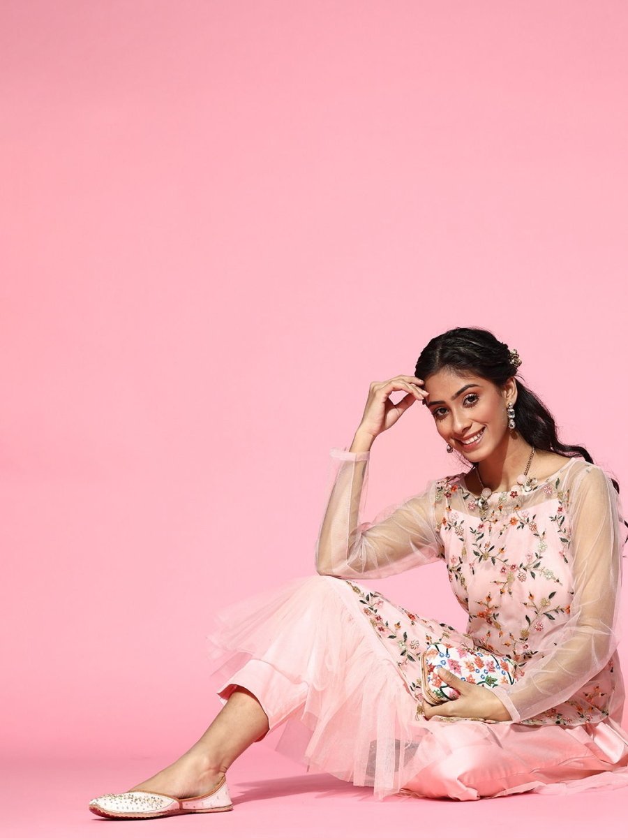 Lilac Pleated Kurta with Pants and Net Dupatta - Inddus.com